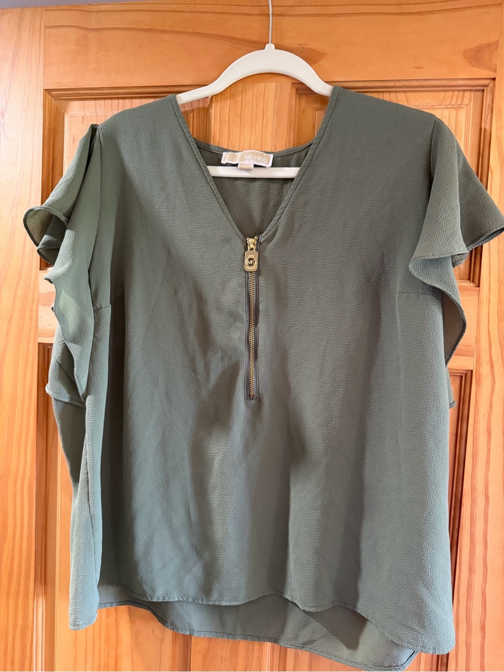 MICHAEL Michael Kors Olive Green Zip-Front Ruffle Sleeve Top